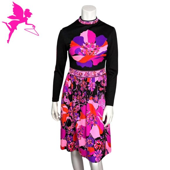 VINTAGE AUTHENTIC MR. DINO 70s Flower Pop Art Turtleneck Midi Dress - Picture 1 of 9